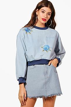 Boohoo Libby Floral Applique Denim Sweatshirt