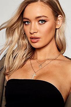 Boohoo Diamante Cross And Coin Layered Necklace