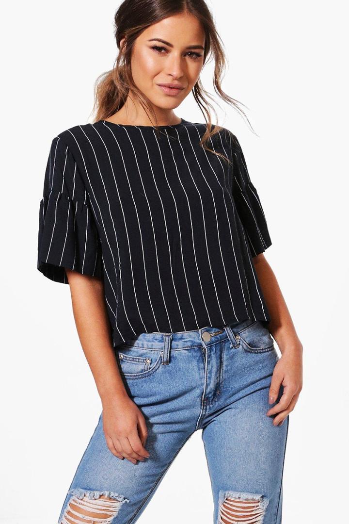 Boohoo Petite Sara Stripe Crop Puffball Sleeve Shell Top Navy