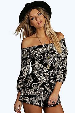 Boohoo Lily Paisley Off The Shoulder Playsuits