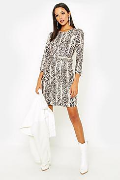 Boohoo Tall Belted Snake Bodycon Mini Dress