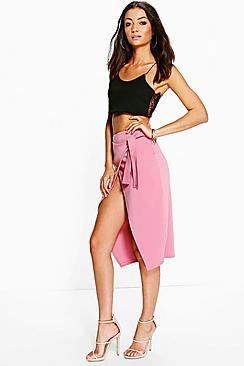 Boohoo Tall Simina Scuba Wrap Tie Wrap Midi Skirt