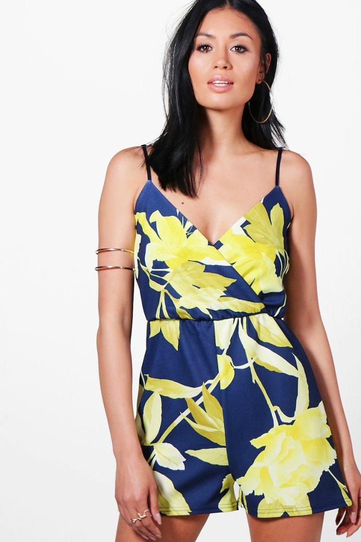 Boohoo Emily Floral Wrap Over Playsuit Navy