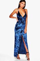 Boohoo Ola Crsuhed Velvet Wrap Maxi Dress Navy