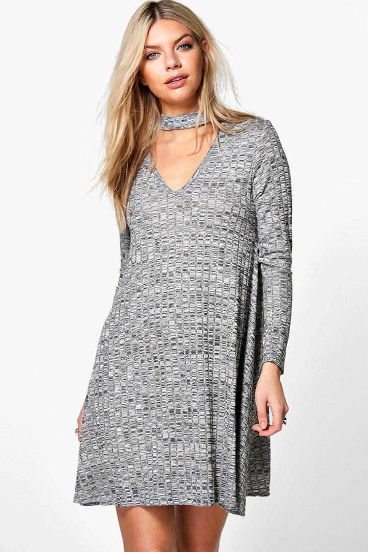 Boohoo Rose Choker Rib Knit Swing Dress Charcoal