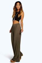 Boohoo Iman Pin Tuck Soft Tailored Jersey Wide Leg Trousers Khaki