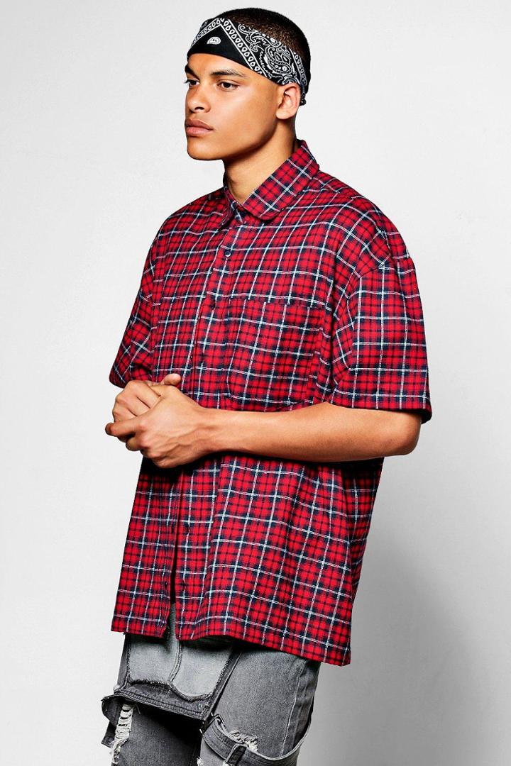 Boohoo Short Sleeve Oversize Flannel Shirt Red