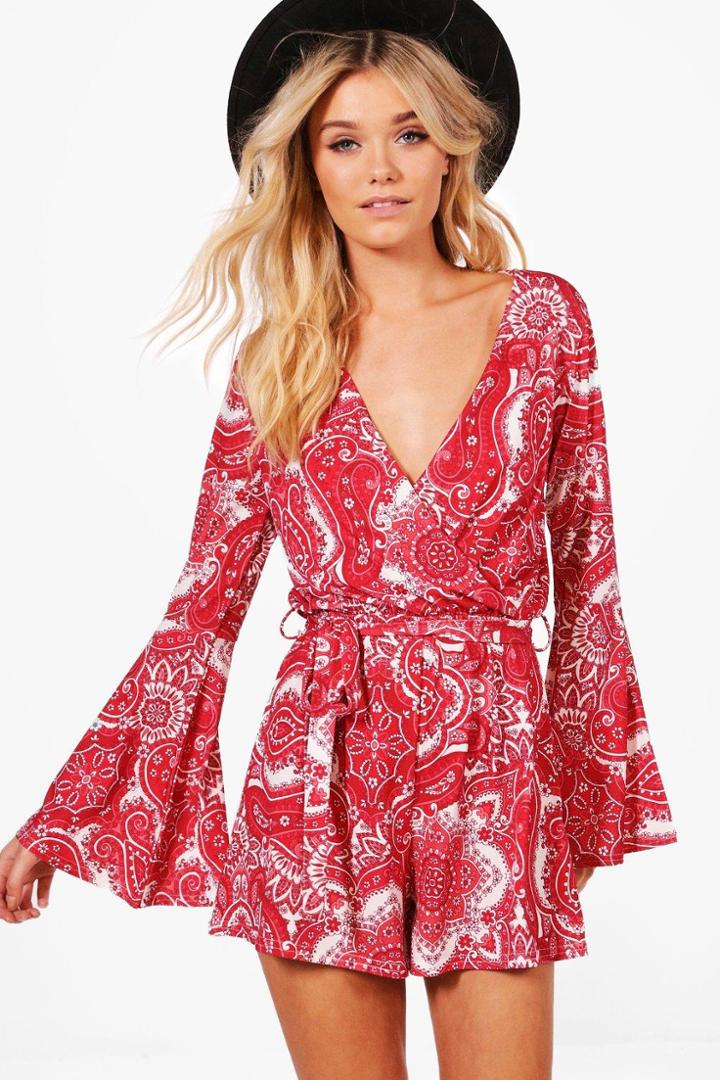 Boohoo Georgia Wrap Paisley Playsuit Red
