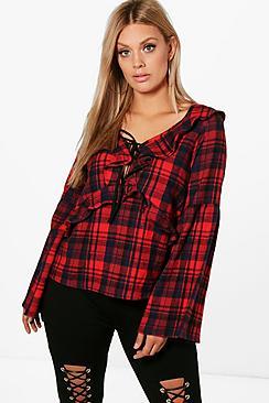 Boohoo Plus Imogen Check Ruffle Flared Sleeve Top