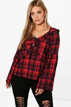 Boohoo Plus Imogen Check Ruffle Flared Sleeve Top
