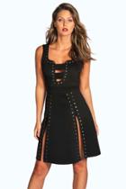 Boohoo Victoria Studded Plunge Double Split Skater Dress Black
