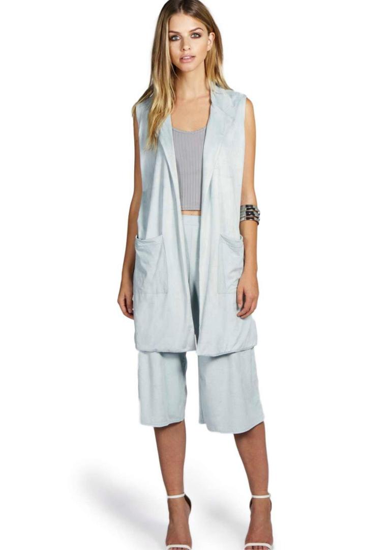 Boohoo Eliza Sleeveless Suedette Side Split Duster Blue