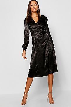Boohoo Tall Jacquard Satin Wrap Midi Dress