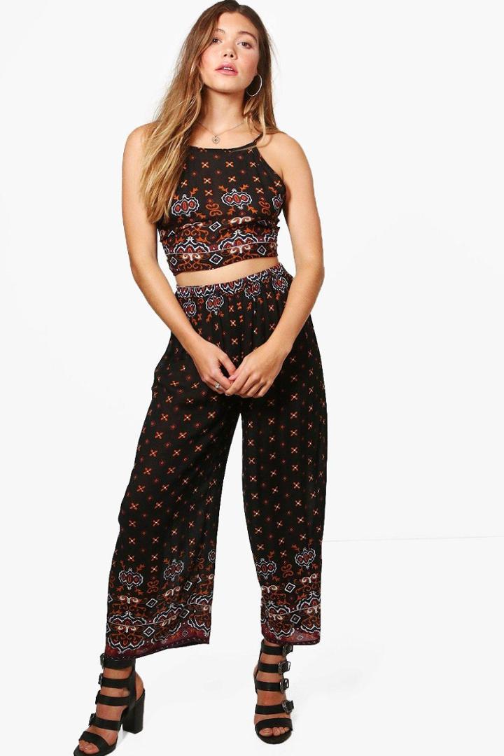 Boohoo Izzy Woven Boarder Print Culotte Co-ord Multi