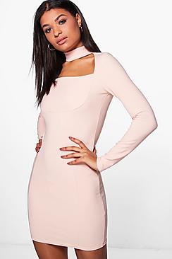 Boohoo Molly Choker Seam Detail Long Sleeve Bodycon Dress