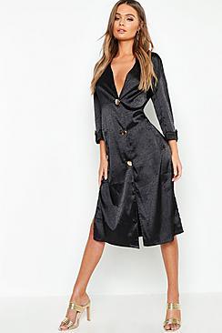 Boohoo Button Front Matte Satin Jacquard Blazer Dress