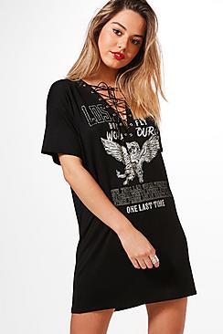 Boohoo Petite Kerry Lace Up Detail Printed T-shirt Dress