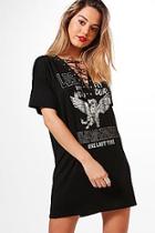 Boohoo Petite Kerry Lace Up Detail Printed T-shirt Dress
