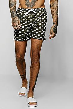 Boohoo Lightning Bolt Print Mid Length Swim Short