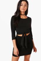 Boohoo Ciara 3/4 Sleeve Cross Waist Crop Black