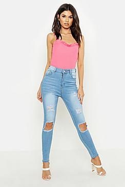 Boohoo High Rise 5 Pocket Distressed Skinny Jean