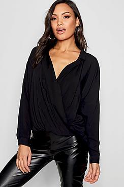 Boohoo Wrap Front Revere Collar Shirt