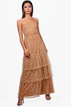 Boohoo Boutique Sara Metallic Star Tierred Maxi Dress