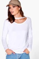 Boohoo Annabelle Neck Strap Detail Long Sleeve T-shirt White