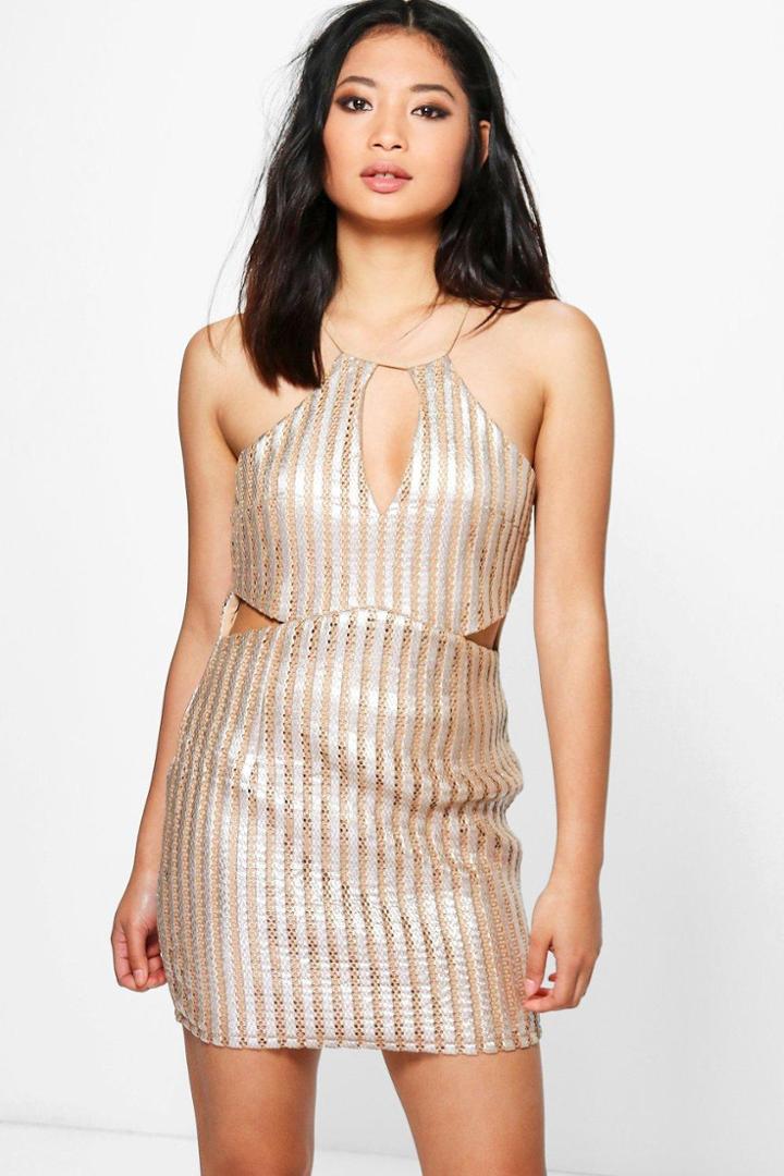 Boohoo Petite Alex Metallic Keyhole Detail Bodycon Dress Nude