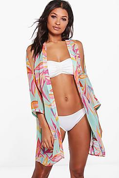 Boohoo Annie Tropical Leaf Cold Shoulder Beach Kimono