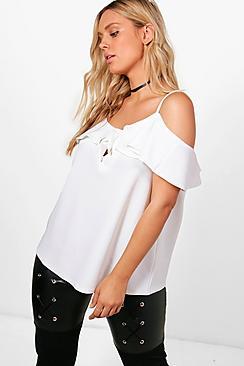 Boohoo Plus Violet Ruffle Open Shoulder Bow Cami