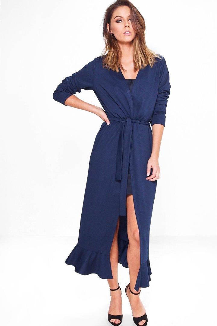 Boohoo Rose Frill Hem Belted Duster Navy