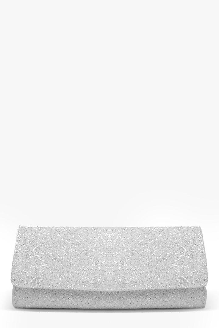 Boohoo Kara Structured Glitter Clutch Bag White