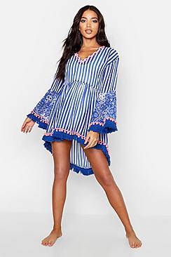 Boohoo Paisley & Stripe Pom Pom Beach Dress
