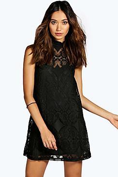 Boohoo Penny Lace High Neck Shift Dress