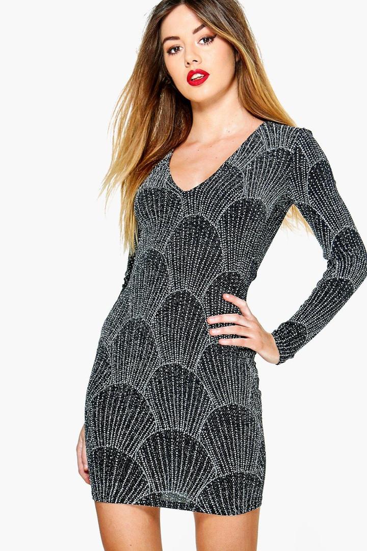 Boohoo Petite Maya Slinky Glitter Printed Bodycon Dress Black