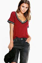 Boohoo Petite Carey Rib Detail V Neck Tee Wine