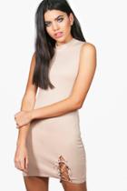 Boohoo Rose Lace Up Side Ribbed Bodycon Dress Nude
