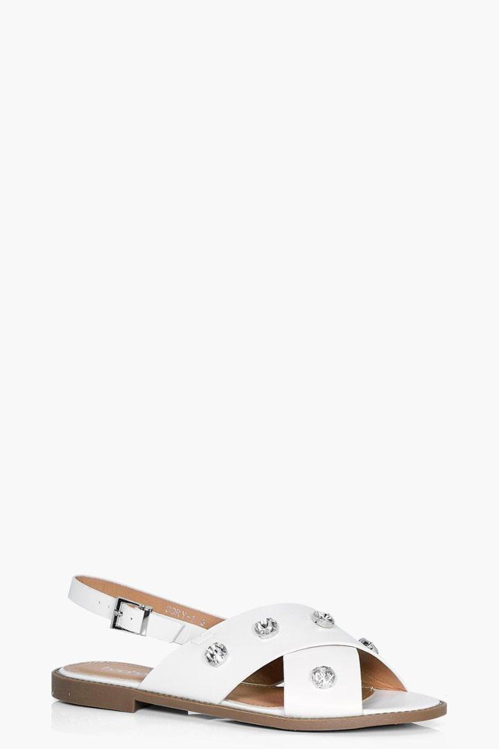 Boohoo Lola Diamante Cross Strap Sandal White