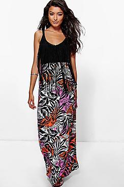 Boohoo Ali Tropical Palm Print Floor Sweeping Maxi Skirt