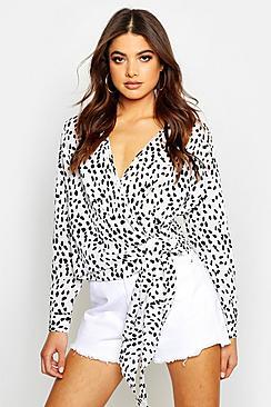 Boohoo Woven Printed Wrap Blouse