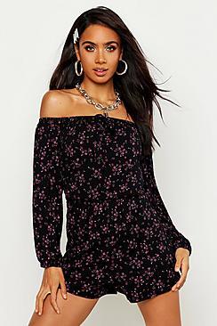 Boohoo Balloon Sleeve Bardot Playsuit