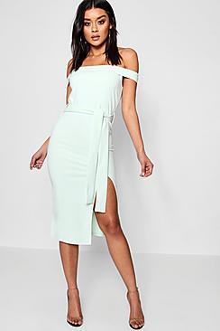 Boohoo Bardot Tie Waist Split Detail Midi Dress