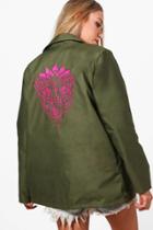 Boohoo Katie Elephant Embroidered Back Festival Jacket Khaki