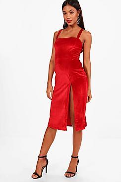 Boohoo Billie Velvet Strappy Split Leg Midi Dress