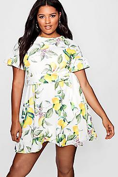 Boohoo Plus Katy Lemon Print Ruffle Wrap Dress