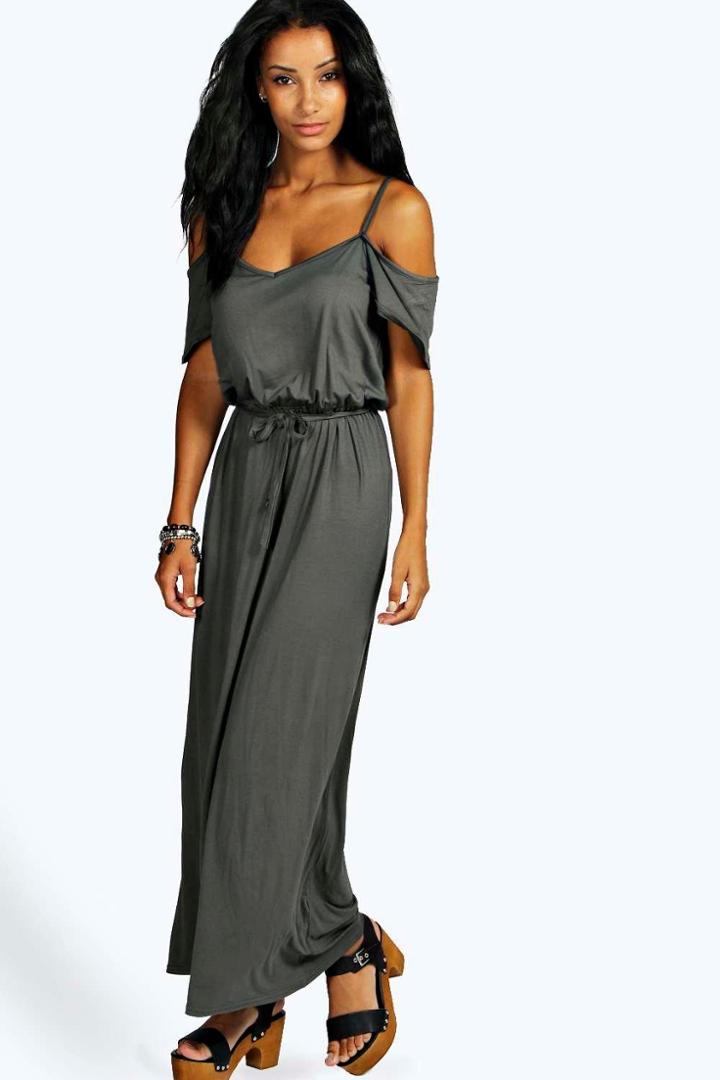 Boohoo Isla Open Shoulder Maxi Dress Khaki