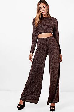 Boohoo Melissa Metallic Rib Knit Wide Leg Set