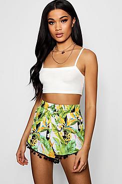 Boohoo Kirsty Pom Pom Tropical Print Shorts
