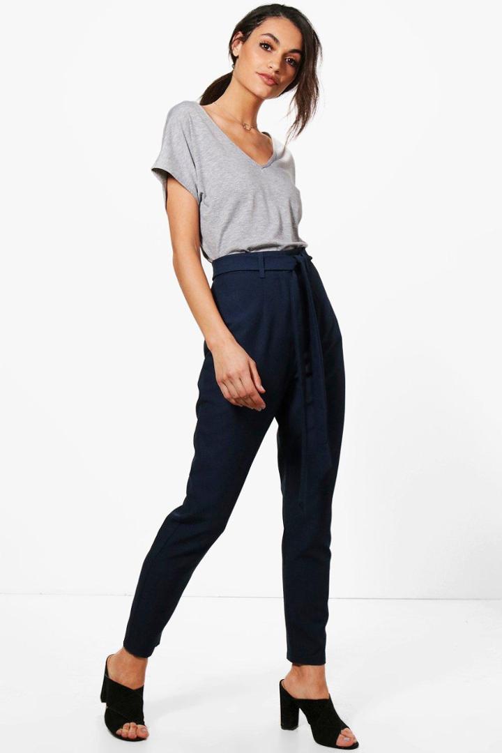 Boohoo Lucy Premium Belted Trouser Navy